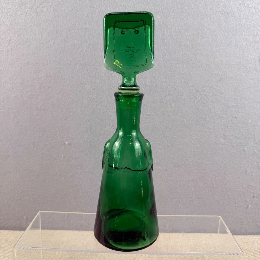 Erik Hoglund Boda Green Glass‎ People Decanter Face Stopper Neiman Marcus 10.5